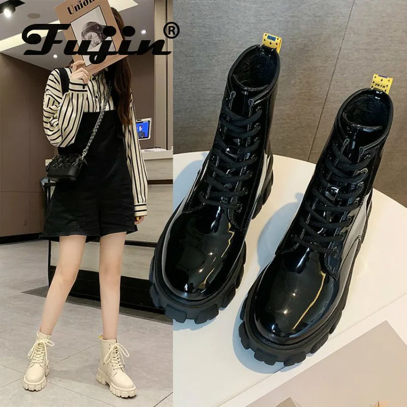 

Fujin Snow Women Boots Winter Fashion Cross Tied Round Toe Thick Bottom Plush Keep Warm Platform High Heels Causal Short Boots