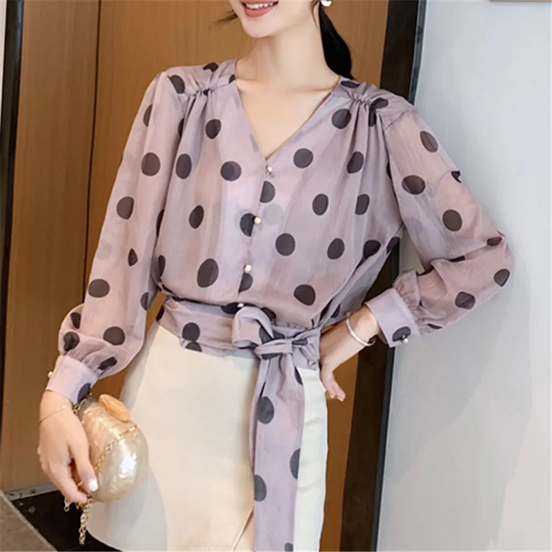 

New Fashion Chiffon Women Blouses And Tops 2019 Spring Long Sleeve V Neck Office Ladies Shirt Polka Dot Blouse Blusas Clothing