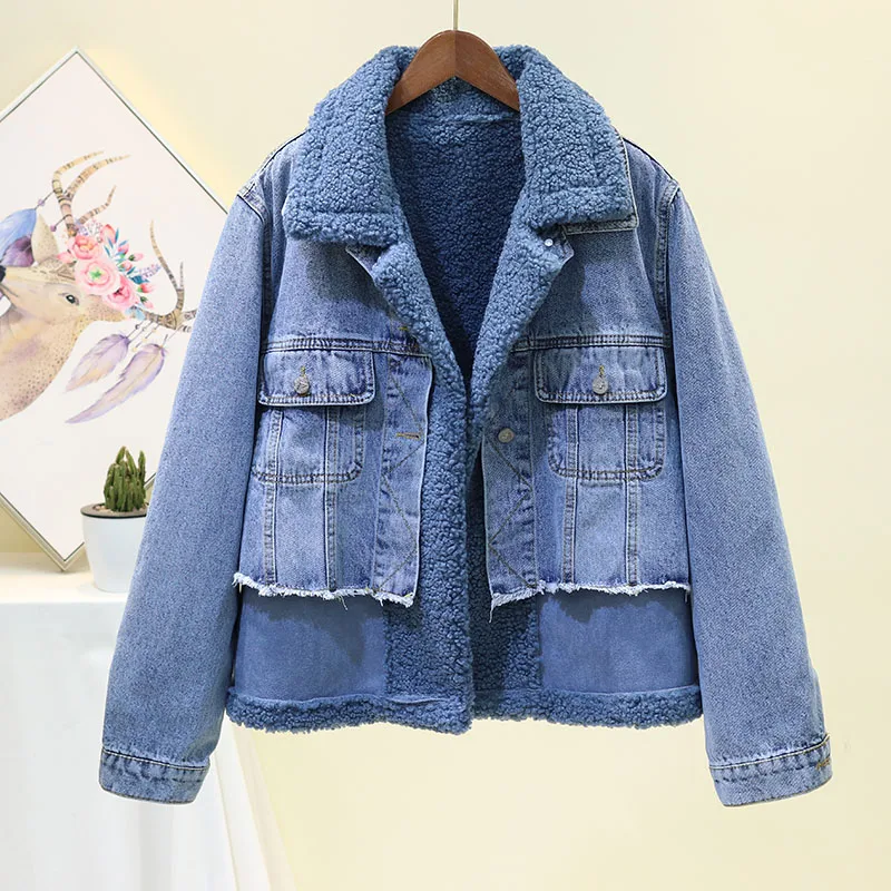 Navy blue Новинка, зимняя Корейская короткая джинсовая куртка с подкладкой из овечьего меха, джинсовая куртка, пальто, женская Повседневная теплая Джинсовая Верхняя одежда - Color: Navy blue