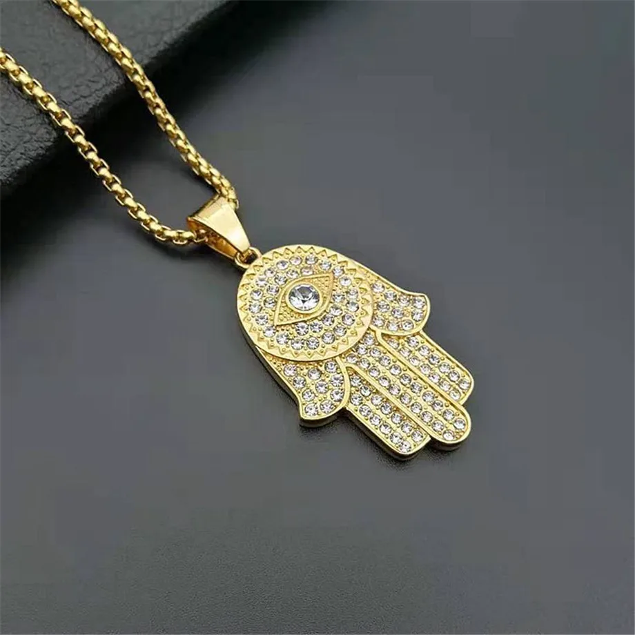 Мужская и Женская Ручная подвеска Hamsa of Fatima Золотая из нержавеющей стали со льдом