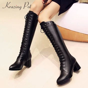 

Krazing Pot superstar natural leather rivet decorations cross-tied pointed toe thick high heel zipper modern knee-high boots L10