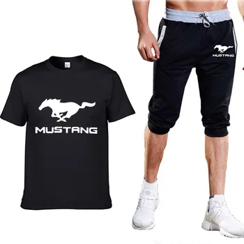 

Summer Mens Suit for Mustang Car Logo Men's T-Shirt Solid color Casual Fashion Short Sleeve Crew neck T-Shirt+Pants Suit 2Pcs