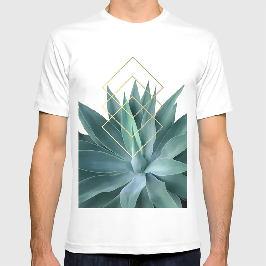 Agave Геометрическая футболка макро цифровая манипуляция Agave суккулент Геометрическая Алмазная золото зеленый белый природа