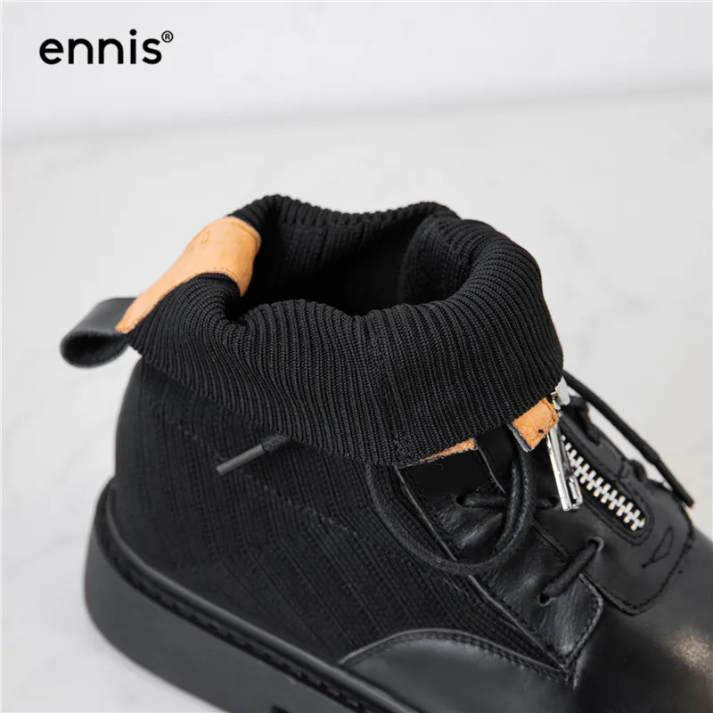 ENNIS/Ботинки martin из натуральной кожи; зимние женские ботинки на плоской подошве с молнией спереди; ботильоны на платформе; Цвет Черный; трикотажная растягивающаяся обувь; A9338