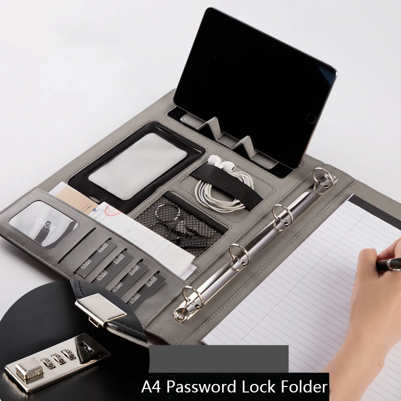 

A4 Leather Folder Password Documents Multi-function Conference Data Storage Bag Business Organizer Sturdy Office Manager Clip