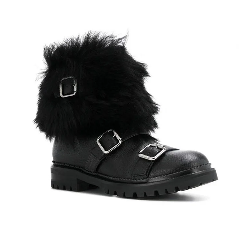 

2019 new arrived hair boots Flat-bottomed Buttoned Maomao Martin Boots Winter Individual Net Red Shoes Handsome Motorcycle Boots