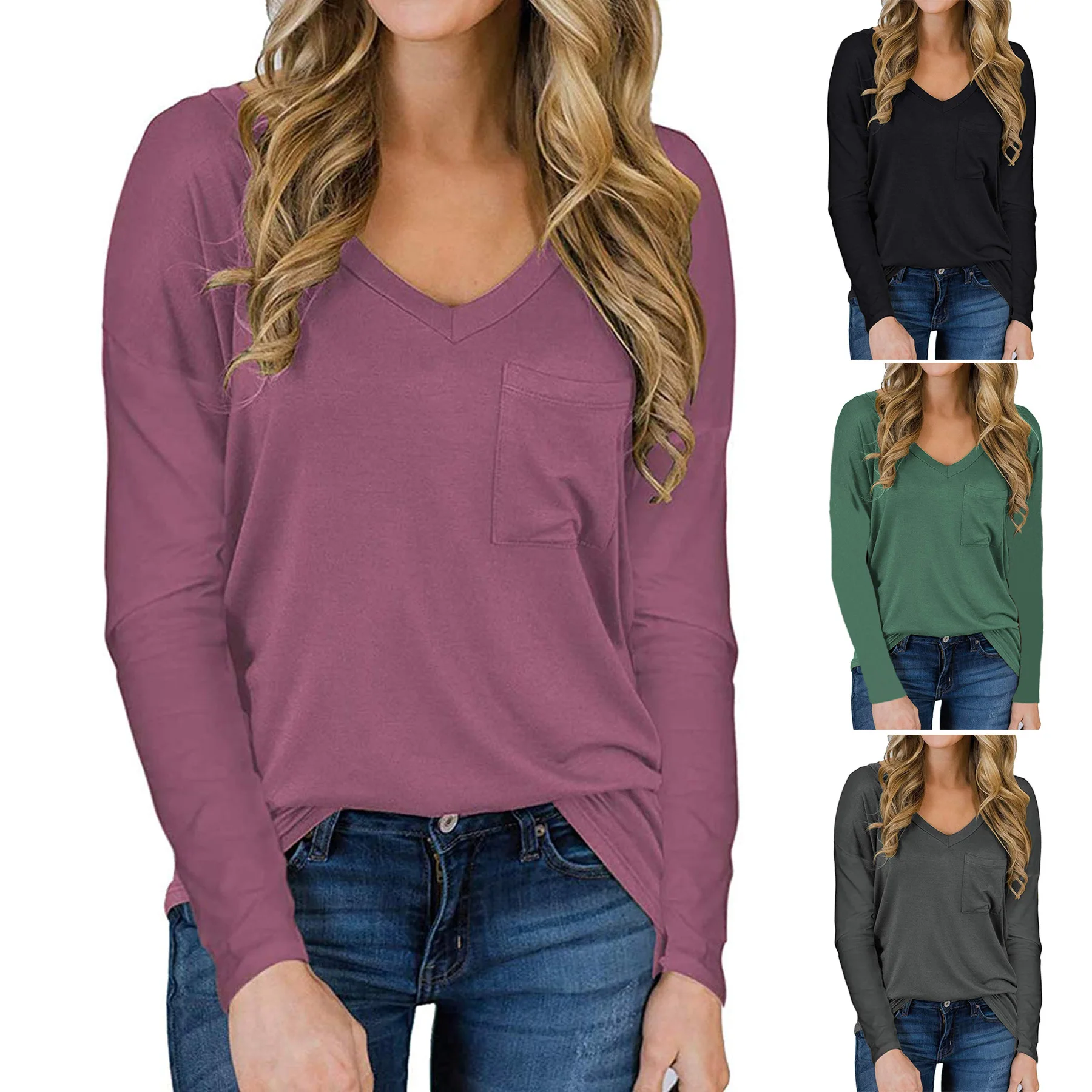

2020 Spring and Autumn Leisure Women's Top Popular V-neck Pocket Loose Long Sleeve T-shirt Bottom Women Streetwear New Style