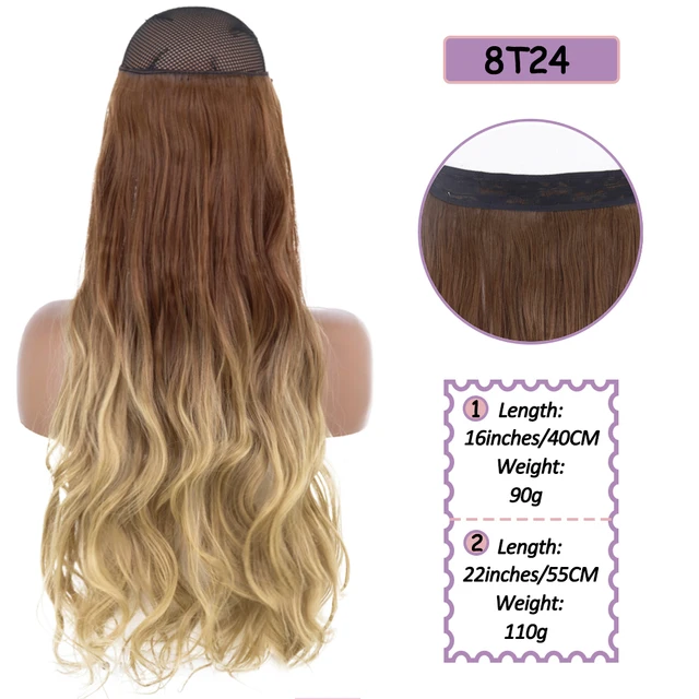 Synthetic No Clip Halo Hidden Hair Extension Ombre Artificial Natural Fake False Long Short Straight Hairpiece Blonde For Women 8T24