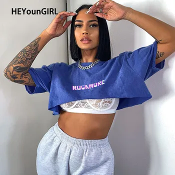 

HEYounGIRL Casual Loose Cropped Tshirt Women Letter Printed Short Sleeve T Shirt Ladies Harajuku Streetwear Summer Tops Tees