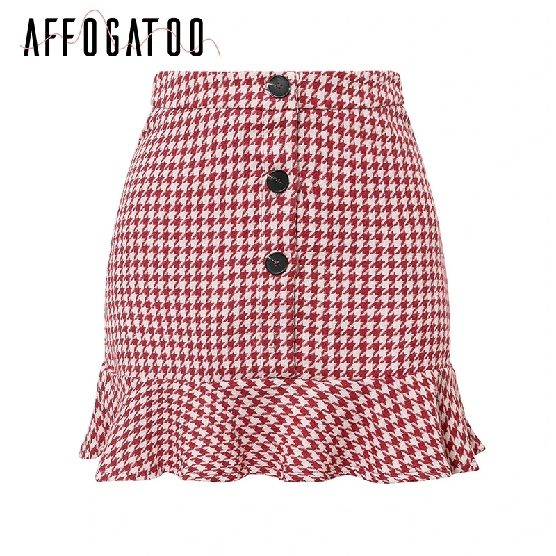 Affogatoo Casual streetwear two-pieces skirt suit women Elegant Double breasted plaid female suit sets office ladies blazer suit