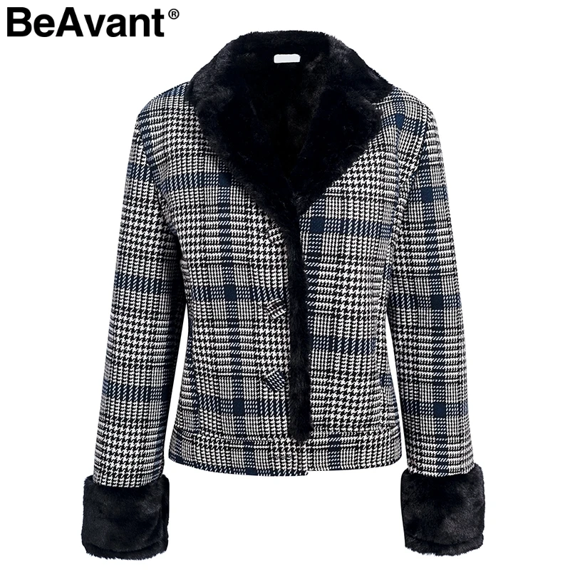 BeAvant/лоскутное короткое пальто из искусственного меха в клетку; женские меховые куртки на пуговицах; сезон осень-зима; элегантные шикарные уличные женские пальто