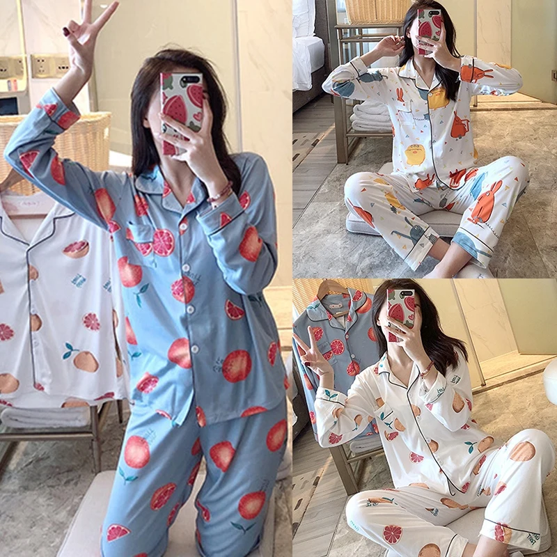 Women Pajamas Set Long-sleeved Cardigan Fashion Home Service Lapel Cartoon Fruit Print Shirt + Trousers M-2XL