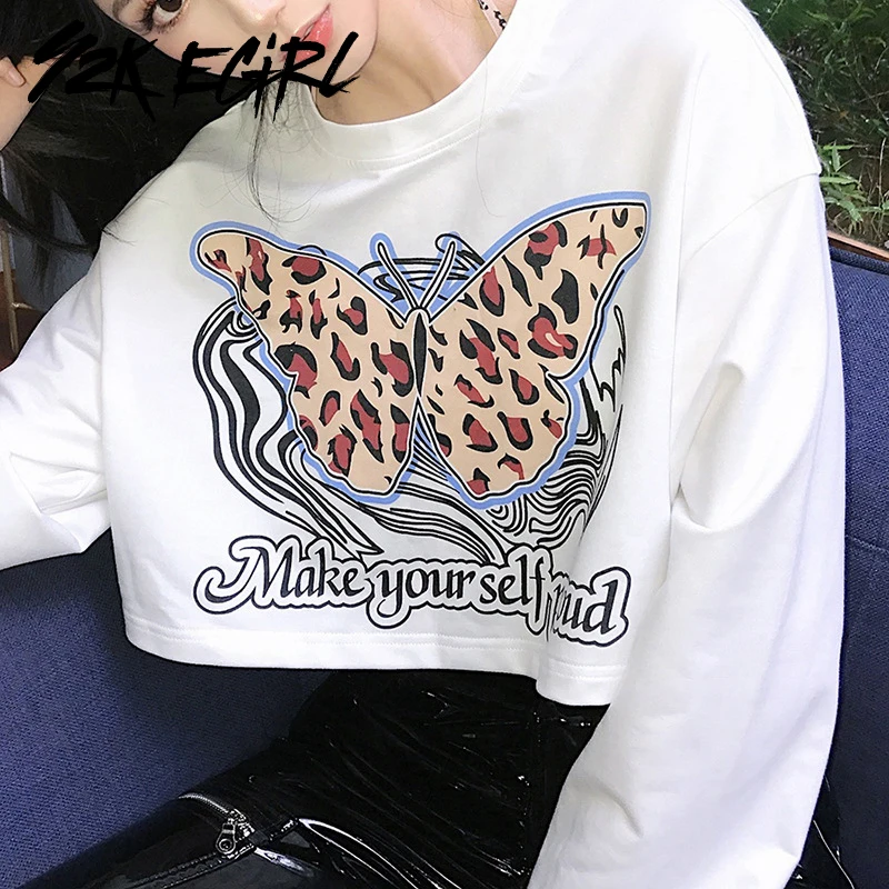 

Y2K EGIRL Casual Butterful Graphic and Letter Print Loosed Cropped Tops Fashion Autumn Crewneck Long Sleeve White Sweatshirts