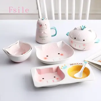 

Cute Cartoon Ceramic Bowl and Plate Set Fashion Children's Separate Grid Plate Home Breakfast Plate Salad Bowl Gift Tableware