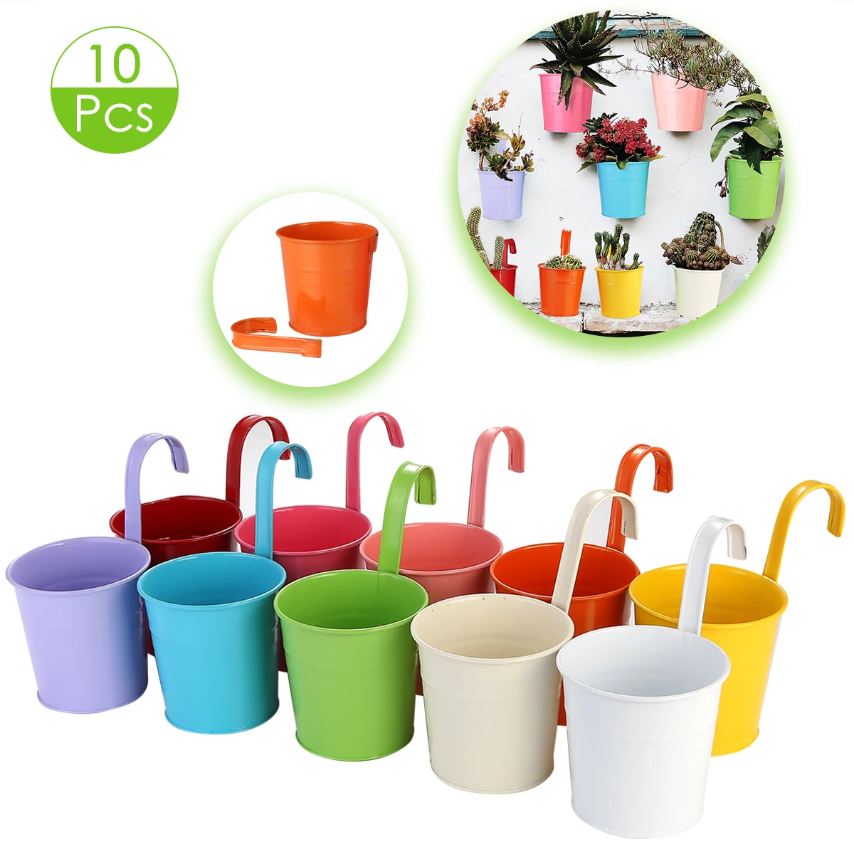 

10pcs Metal Flower Pot Hanging Planter With Drainage Hole Removable Hook In Small Bucket Iron For Home Decor Bucket Flower