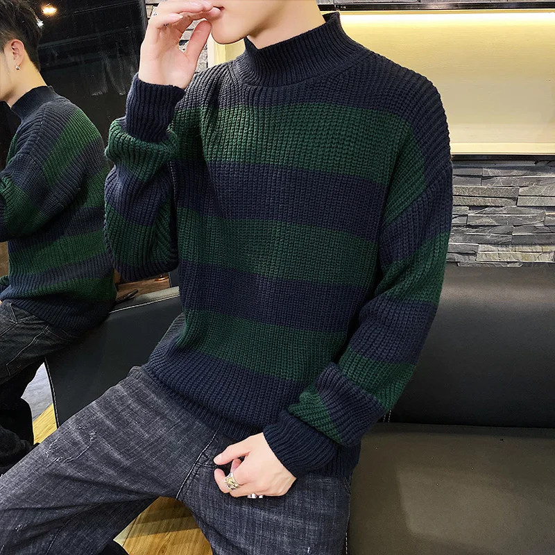 2019 Designer Brand Winter Trend Japanese Striped Sweater Thick Half Turtleneck Sweater Fashion Men s Sweater 2
