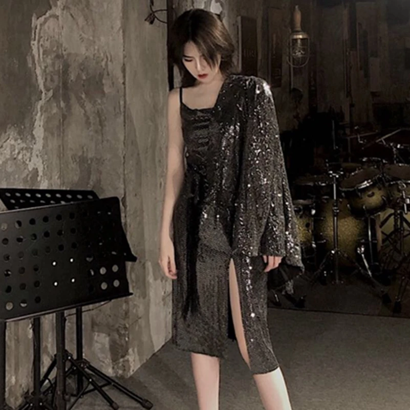 

SexeMara fashion The New Heavy Industry Sequined Jacket + Sexy Sling Sequined Dress Two-Piece Set free shipping