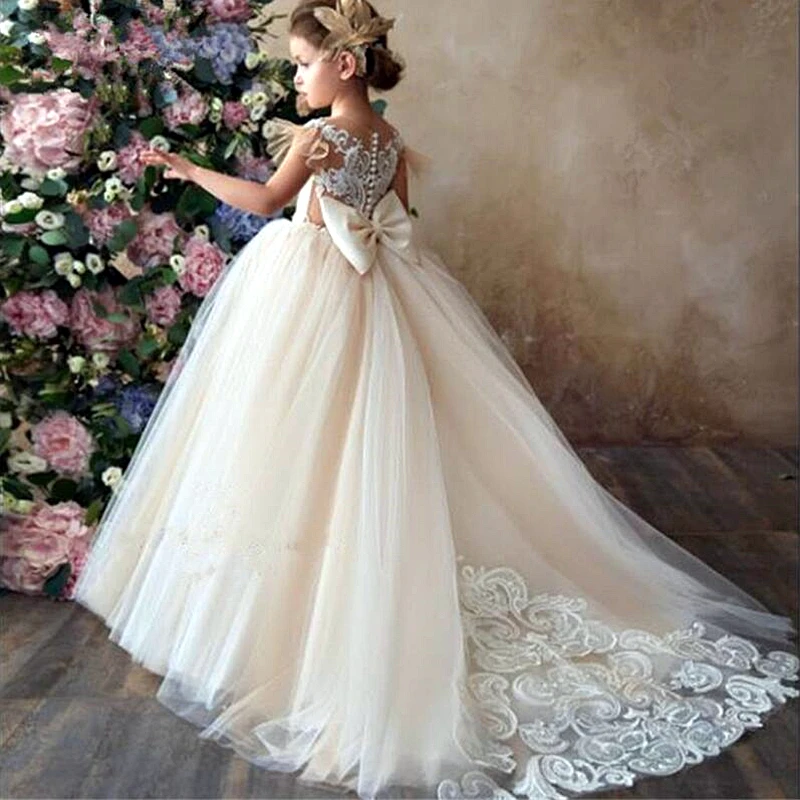 Flower Girl Dresses Champagne Puffy Wedding party Dress First Communion Eucharist Attended Princess Lace Evening | Свадьбы и