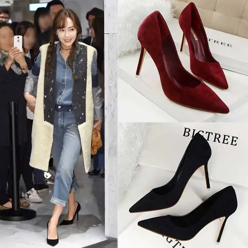 

Fashion pointed small fresh high heel women's fine with single shoes spring 2019 new wild shallow mouth wine red shoes