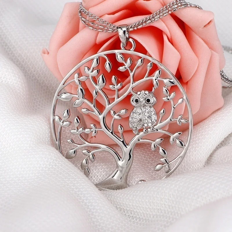 

New Tree of Life Owl Pattern Round Pendant Necklace Women's Necklace Fashion Bohemian Crystal Inlaid Pendant Accessory Jewelry