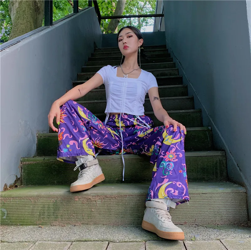 Брюки и капри новая мода Harajuku широкие штаны солнце луна звезда цветочный принт