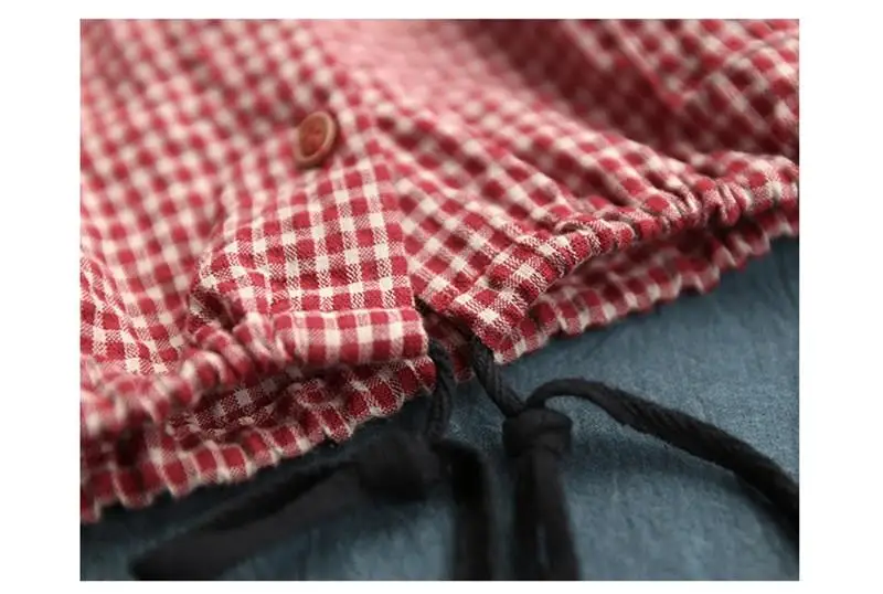 Модные красивые женские осенние повседневные клетчатые рубашки с карманами винтажные хлопковые льняные блузки с круглым вырезом Женская одежда свободные топы