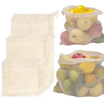 

1PC Reusable Vegetables Bag Cotton Mesh Bag Reusable Produce Bags Kitchen Vegetables Fruit Eco Bags Drawstring Shopping Bag