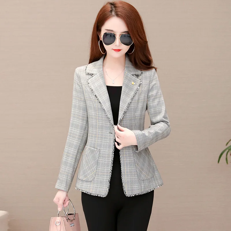 

2019 Autumn New Style Short Slimming Plaid Cropped Jacket Commuting Elegant Versatile Long Sleeve Slim Fit Small Suit