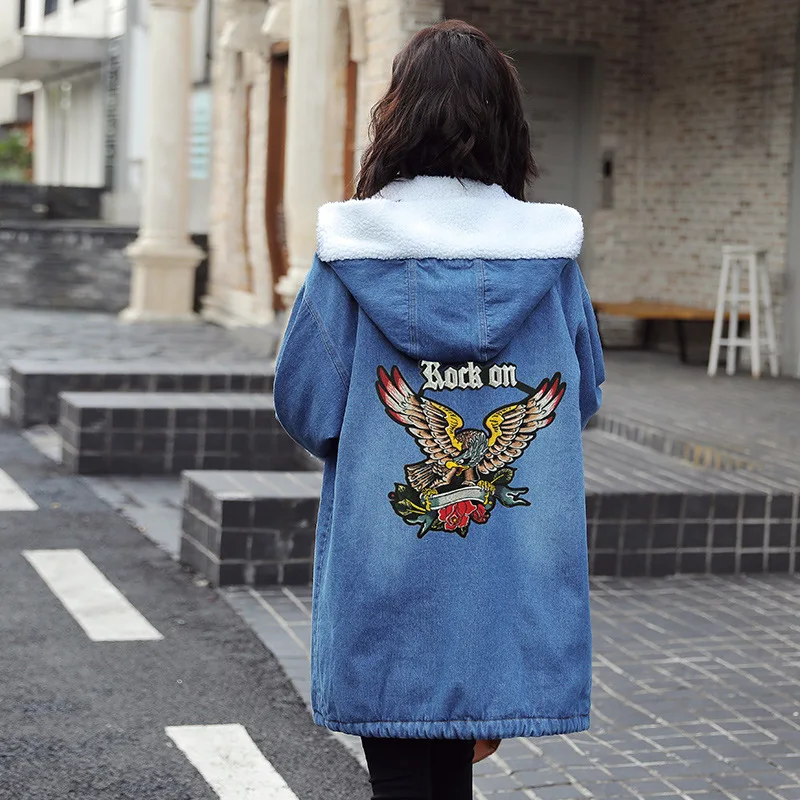 

2019 Winter Korean-style Students Embroidery Lambs Wool Mid-length Embroidered Cowboy Hooded Brushed And Thick Coat