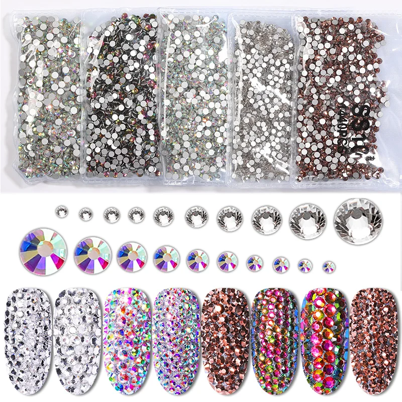 1440 Pcs/Bag Mixed-Size Nail Rhinestone AB Color Round Flat back Crystals 3D Nail Art Decoration DIY Manicure for UV Gel Polish