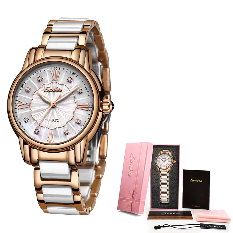 SUNKTA роскошные часы со стразами женские водонепроницаемые часы из розового золота со стальным ремешком женские наручные часы лучший бренд часы Relogio Feminino - Цвет: Rose gold white