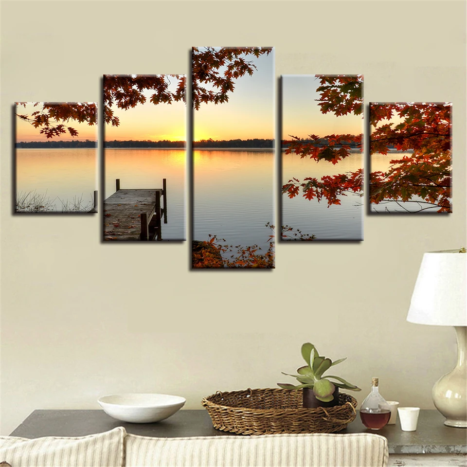 

Wall Art Paintings Decor HD Printing 5 Pieces Lake Woods Bridge Red Tree Sunset Landscape Posters Modular Canvas Picture Unframe
