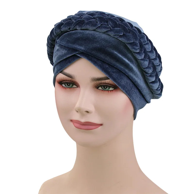 

2020 New Braid Velvet Turban Caps Muslim Women Headscarf Bonnet Islamic Forehead Cross Inner Hijab Underscarf African Indian Hat