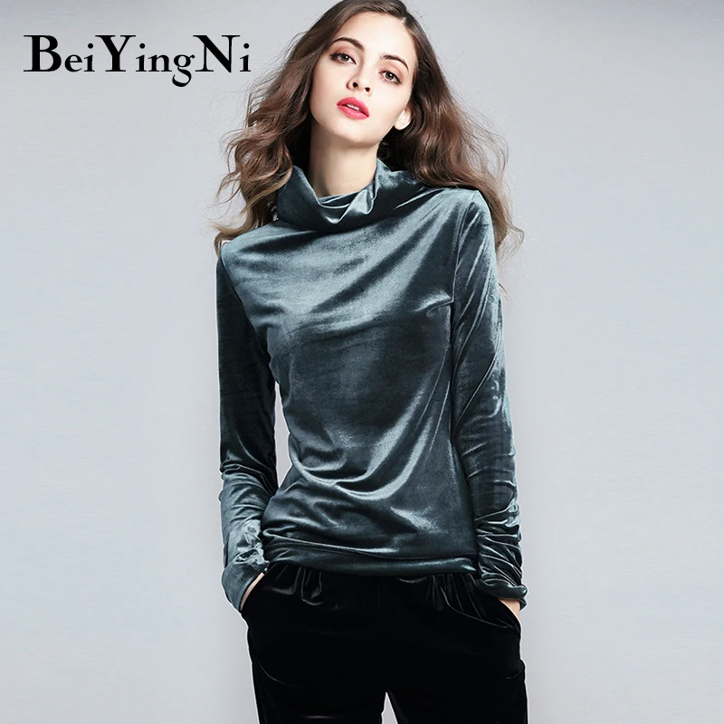 

Beiyingni Gold Velvet Female T-shirt Spring Autumn Basic Warm Plus Size T Shirt Women M-3XL Long Sleeve Turtleneck Top Lady Tees