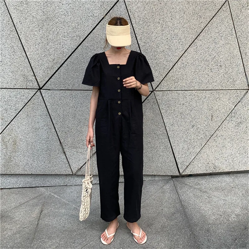 Limiguyue women plus size jumpsuit short sleeve square neck single breasted loose casual beach women romper femme vintage Y214