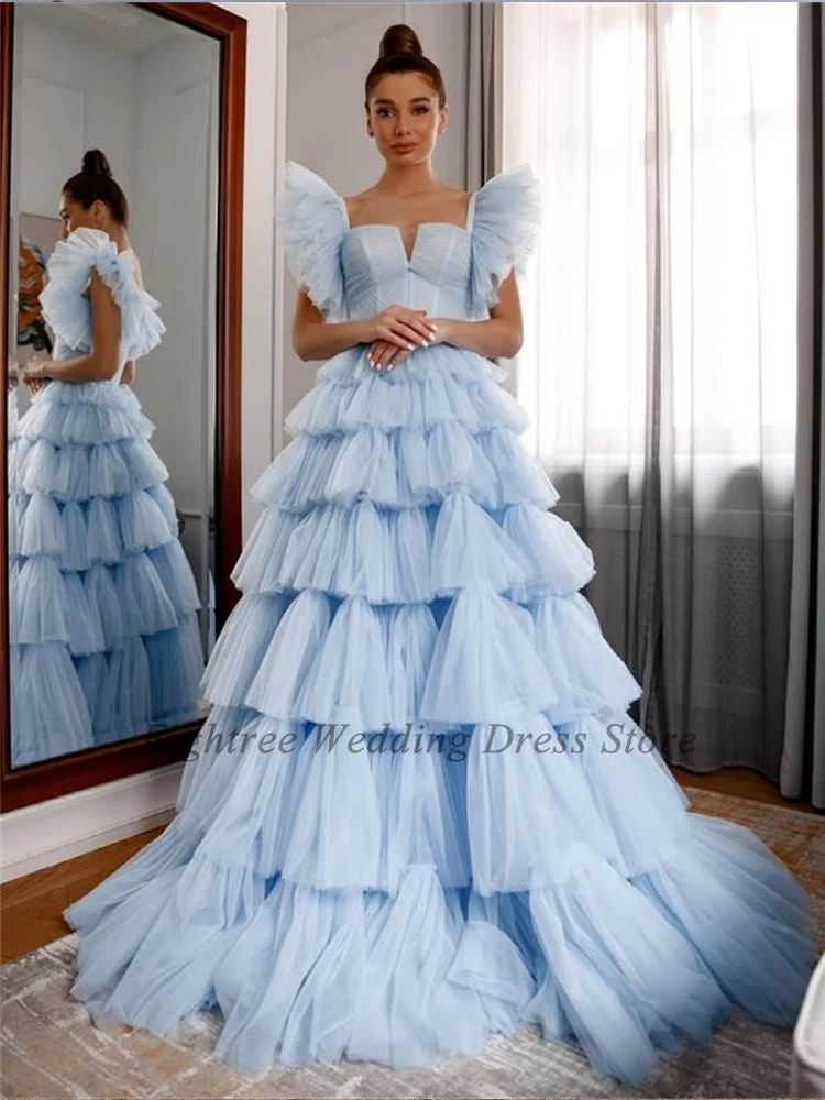 blue prom dresses Eightree 2021 Sky Blue Ruffled Long Tulle Cake Evening Dresses  A Line Sleeveless Tiered  Floor Length Prom Ball Gowns long sleeve prom & dance dresses Prom Dresses