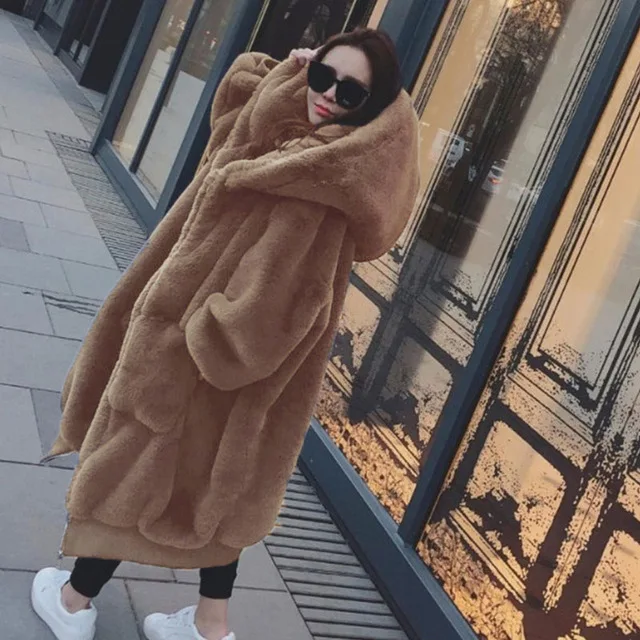 Camel Зимнее пальто из искусственного меха женская парка длинная теплая куртка из искусственного меха пальто с капюшоном свободное зимнее пальто верхняя одежда больших размеров 3XL - Цвет: Camel