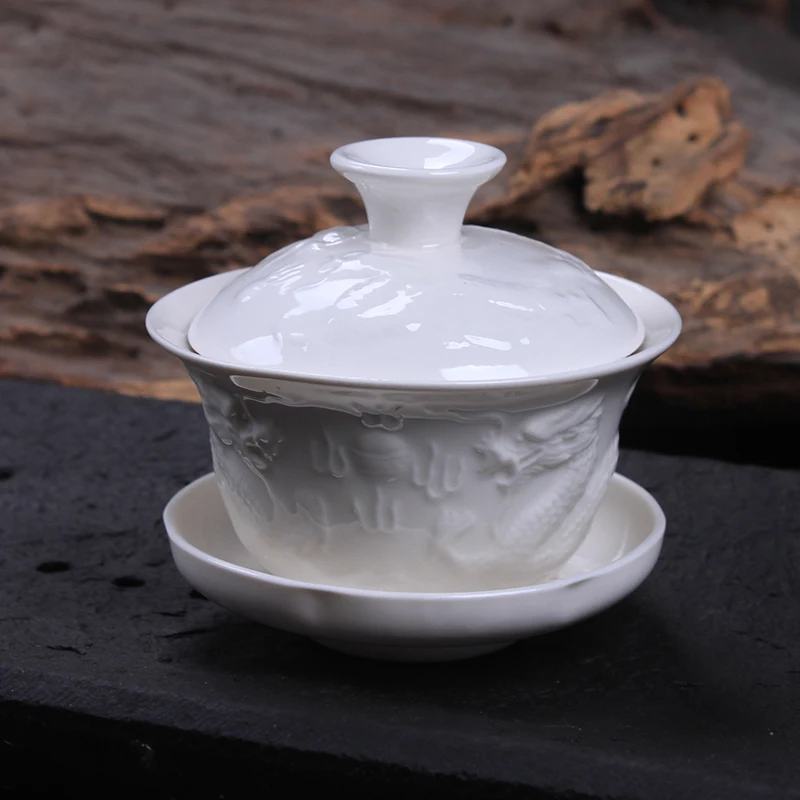 [GRANDNESS] рельефный дракон белый фарфор Gaiwan 100 мл китайская церемония Gaiwan чай Супница керамическая