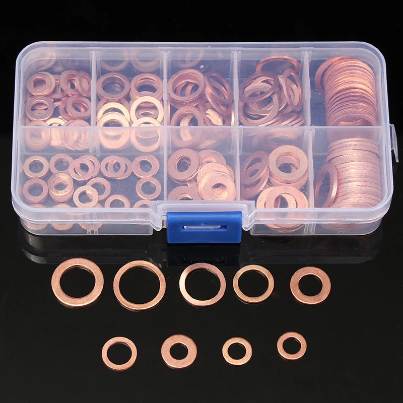 

200Pcs Solid Copper Washer M5-M14 Flat Ring Sump Plug Oil Seal Assorted Set Box