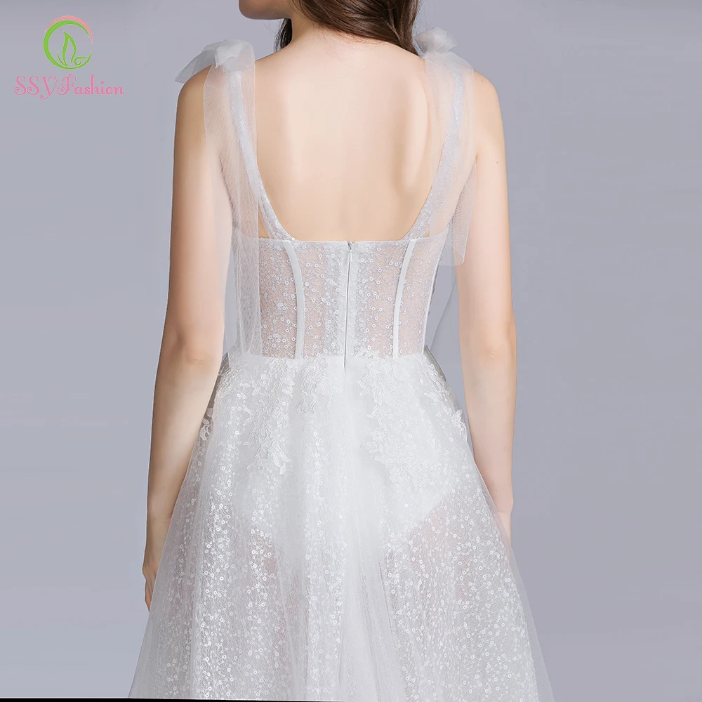 SSYFashion, новинка, вечернее платье, сексуальное, белое, v-образный вырез, без рукавов, тюль, с высоким разрезом, Пляжное, с открытой спиной, на выпускной, официальное платье, на заказ, Robe De Soiree