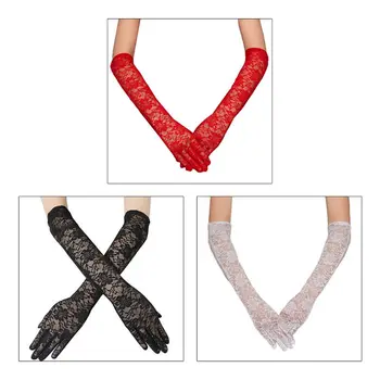 

Hollow Floral Lace Long Wedding Gloves Solid Color Elbow Length Bridal Mittens