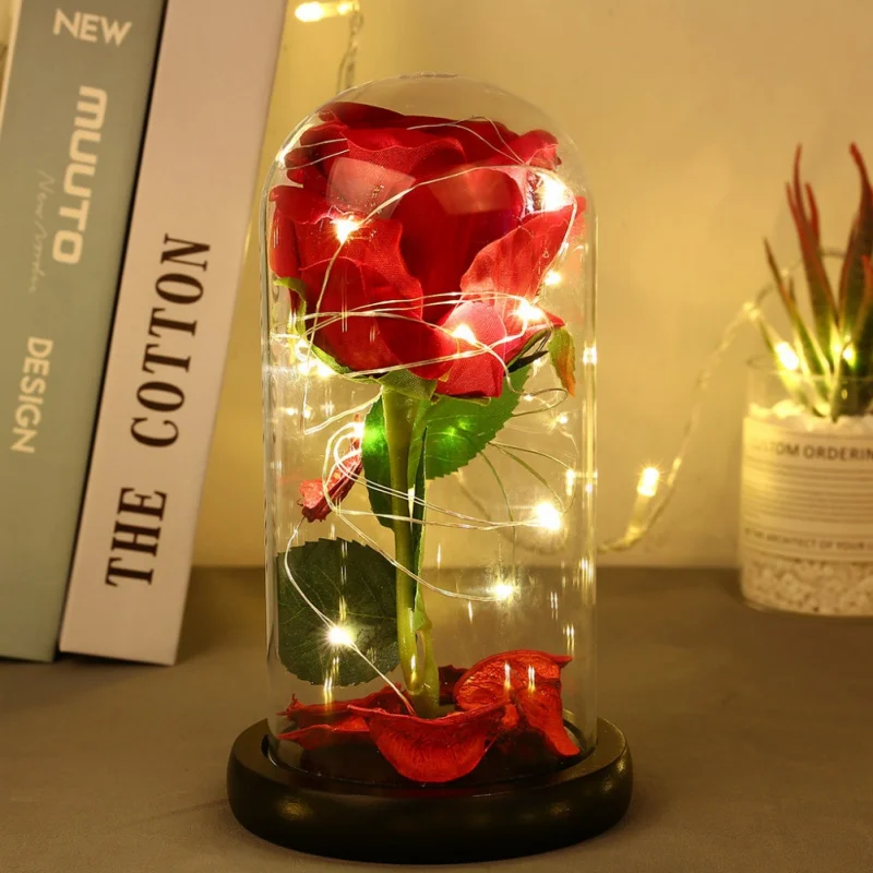

Rose LED Light Glass Dome Wooden Base Birthday Decorative Night Lamp Valentine's Day Gift Home Room Decoration