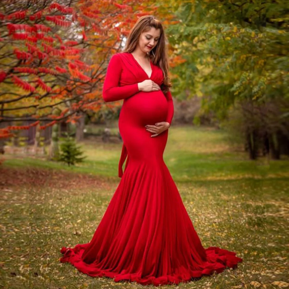 Long Tail Maternity Dresses Photography Props V-Neck Maxi Gown Cotton Dress Pregnant Women Pregnancy Autumn Photo Shoot Clothes