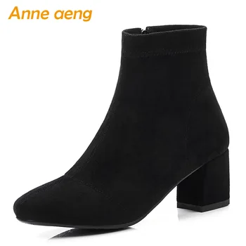 

2019 New Winter Women Ankle Boots High Square Heel Square Toe Solid Zipper Casual Kid Suede Women Shoes Black Warm Short Boots