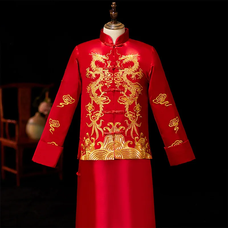 Мужской красный cheongsam тост костюмы жениха платье куртка длинное платье Традиционный китайский стиль свадебное Qipao для мужчин вышивка Тан костюм