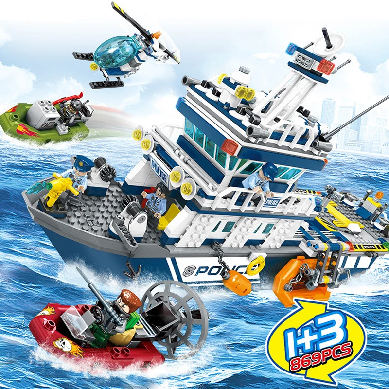 

869pcs City Police the Patrol Boat Ship Helicopter Model Building Blocks Bricks SWAT City Police Children Toy Christmas Boy Gift