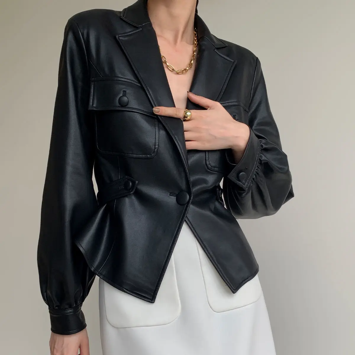 

Autumn Spring New Leather Jacket 2022 Women's Spring PU Single Button Coat Fit Waist Motorcycle Fashion Jacket Street Outwear