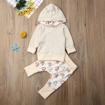 

Pudcoco Newborn Baby Boy Girl Clothes Long Sleeve Rainbow Print Hooded Tops Long Pants 2Pcs Outfits Cotton Clothes Sweatshirts