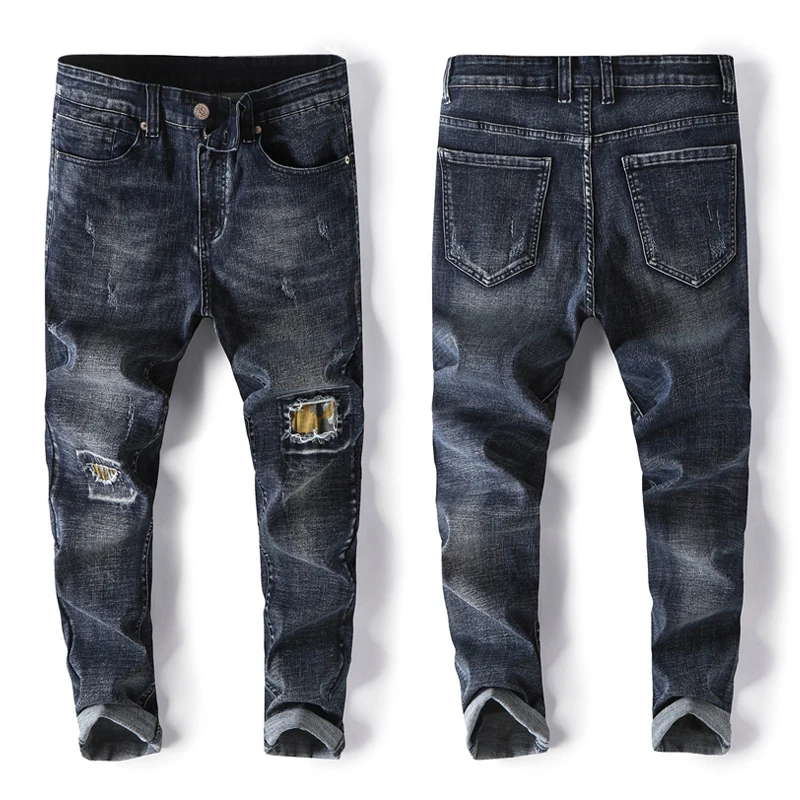 

Plus Size 42 44 46 48 Men's Slim Jeans 2020 New Personality Fashion Patch Denim Harem Pants Male Brand Trousers Black Blue