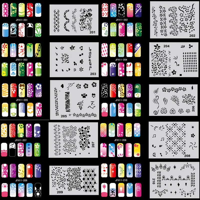 OPHIR 20PCS/Set Airbrush Nail Art Stencils 200 Patten Air Brush Paint Nail  Stickers Nail Template Sheets Nail Tools JFH11